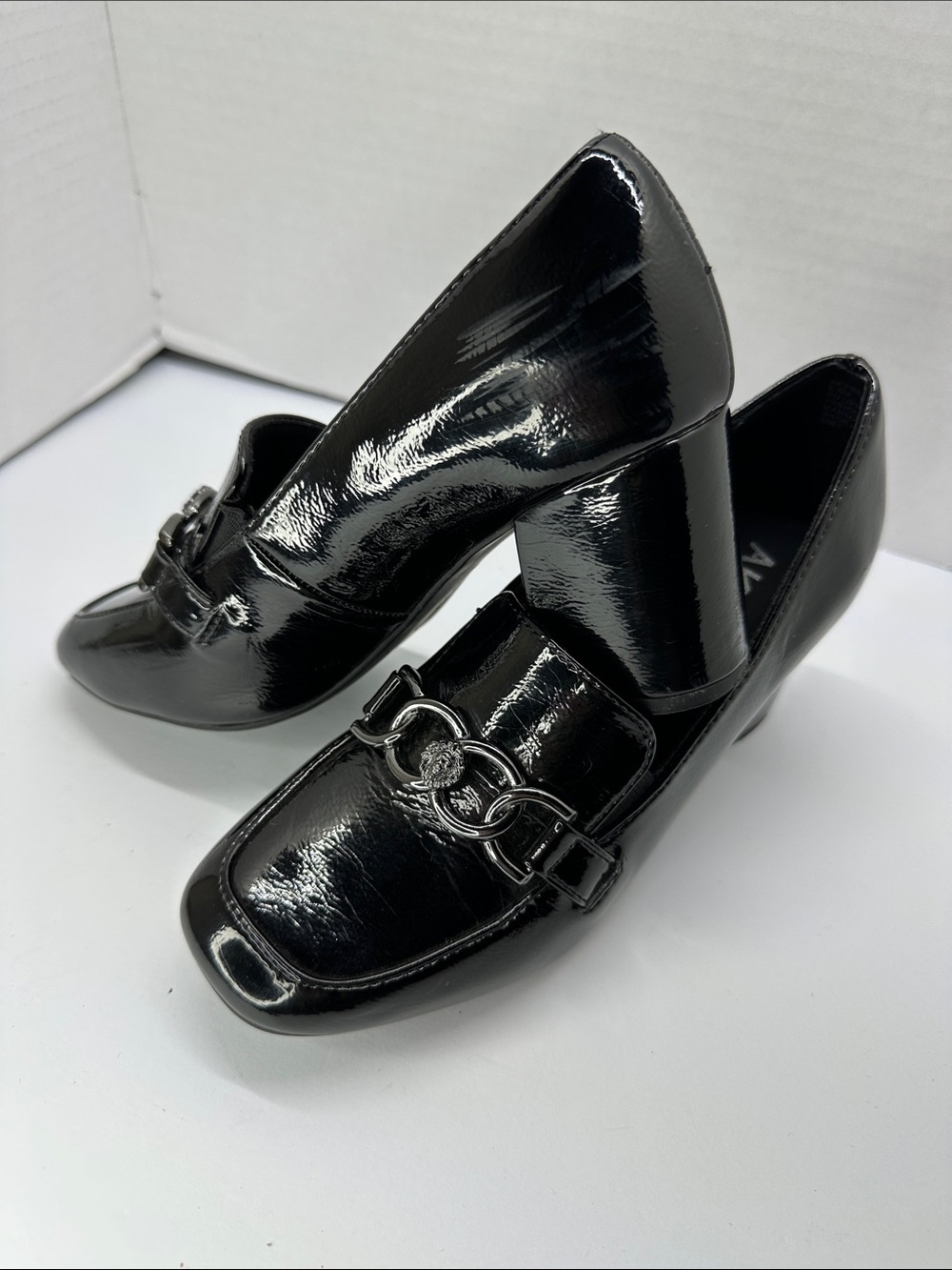 Anne Klein Black Patent Block Heel Loafers with Silver Chain Detail